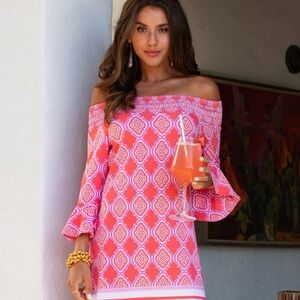 Cabana Life Coral Geo Off-Shoulder Dress